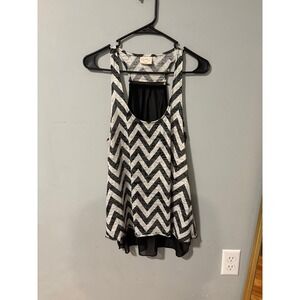 Y2K Self Esteem‎ Womens Chevron Racerback Tank Top Black White Zipper Back Sheer